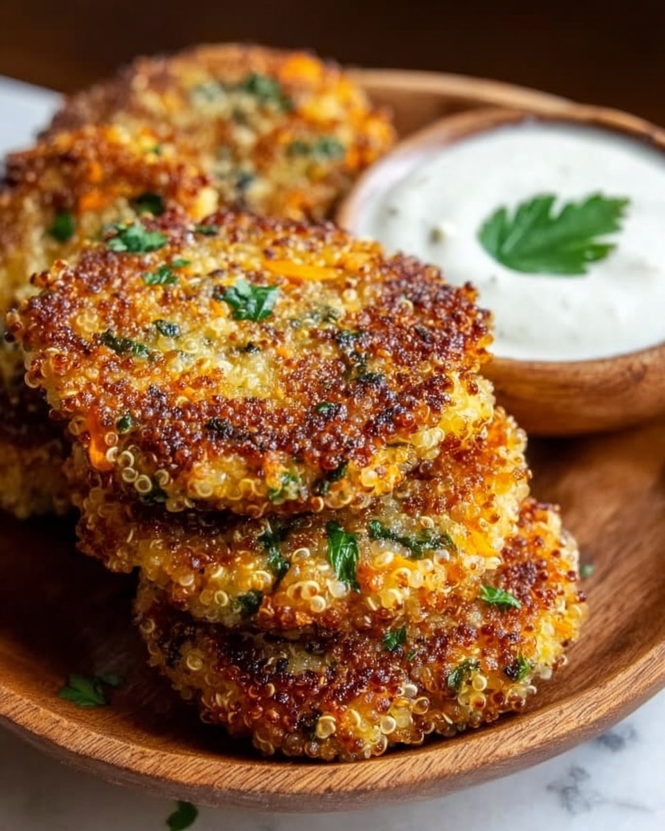 Three golden-brown fritters with crispy edges and visible small green and orange bits are stacked slightly overlapping on a wooden round plate. The fritters have a textured surface with tiny round quinoa pieces and chopped green herbs sprinkled on top. To the right of the fritters, there is a small white bowl filled with a smooth white sauce, garnished with a single green herb leaf. The plate is set on a white marbled surface. Photo taken with an iphone --ar 4:5 --v 7