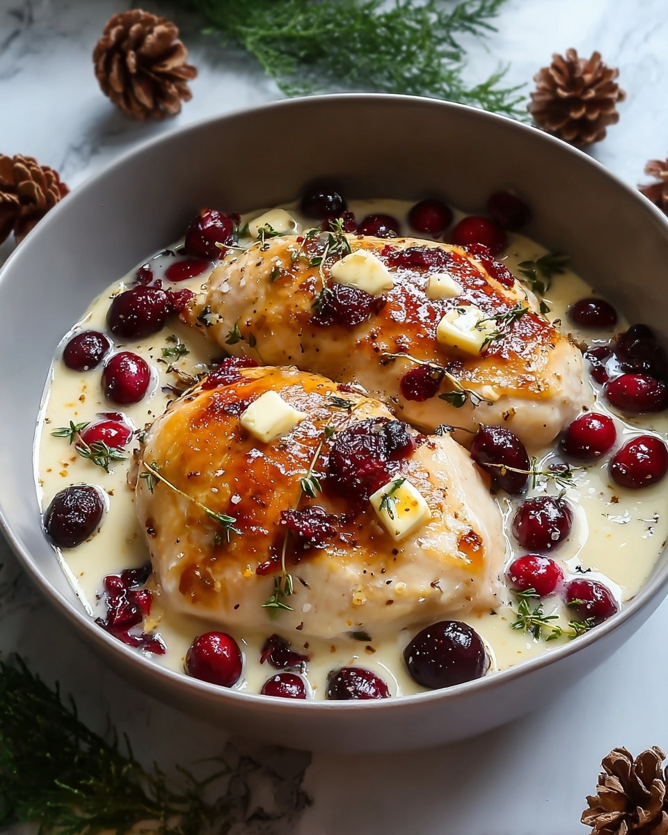 The image shows a close-up of a white bowl filled with two golden-brown seared chicken breasts in a creamy white sauce. The chicken pieces have a shiny glaze with some small butter cubes melted on top. Scattered over the chicken and sauce are deep red cranberries and small green sprigs of thyme. The sauce looks thick and smooth, pooling lightly around the chicken. The white bowl sits on a white marbled surface, surrounded by small pine cones and green rosemary branches, creating a cozy and fresh atmosphere. photo taken with an iphone --ar 4:5 --v 7