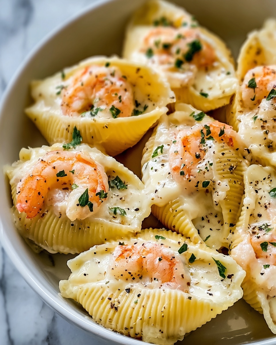 The image shows a white bowl filled with large pasta shells that are stuffed with creamy white cheese and topped with small cooked shrimp. Each shell has one or two orange-pink shrimp resting in a thick, smooth cheese sauce that looks slightly browned and bubbly on top. There are small green herb pieces scattered over the cheese and shrimp, and black pepper or seasoning sprinkled lightly over each shell. The ridged texture of the pasta shells is visible around the edges. The bowl is placed on a white marbled surface. photo taken with an iphone --ar 4:5 --v 7