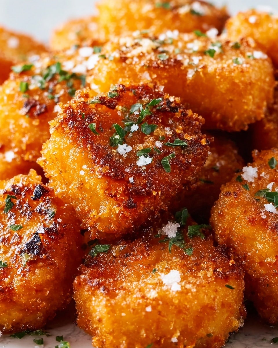 Close-up view of golden-brown crispy nuggets with a crunchy texture, each piece sprinkled with coarse white sea salt and small green herb flakes, likely parsley, adding a fresh contrast. The nuggets are stacked closely together showing their evenly fried crust with some darker toasted spots, giving a rustic, well-cooked look. The background is a white marbled surface that softly complements the warm orange and brown colors of the nuggets. photo taken with an iphone --ar 4:5 --v 7