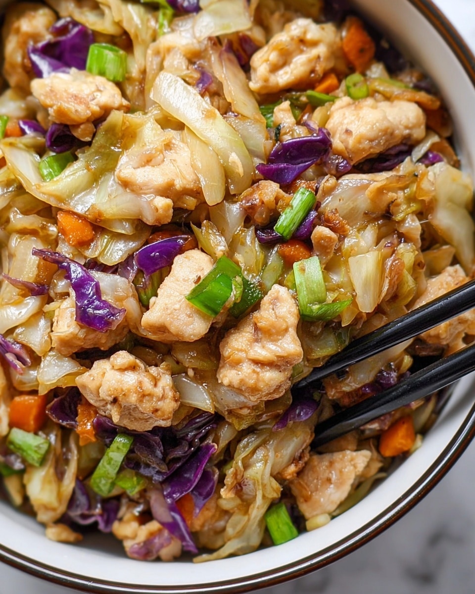 The image shows a close-up of a bowl filled with stir-fried chicken mixed with small pieces of cooked cabbage, green onions, and bits of purple cabbage, all coated lightly in a shiny sauce. The chicken pieces are light golden brown, while the cabbage is pale green and translucent. Orange carrot bits add small touches of color, and the green onions give fresh green bursts. Black chopsticks rest on the right side, picking up some of the mix. The bowl is white and sits on a white marbled surface. photo taken with an iphone --ar 4:5 --v 7