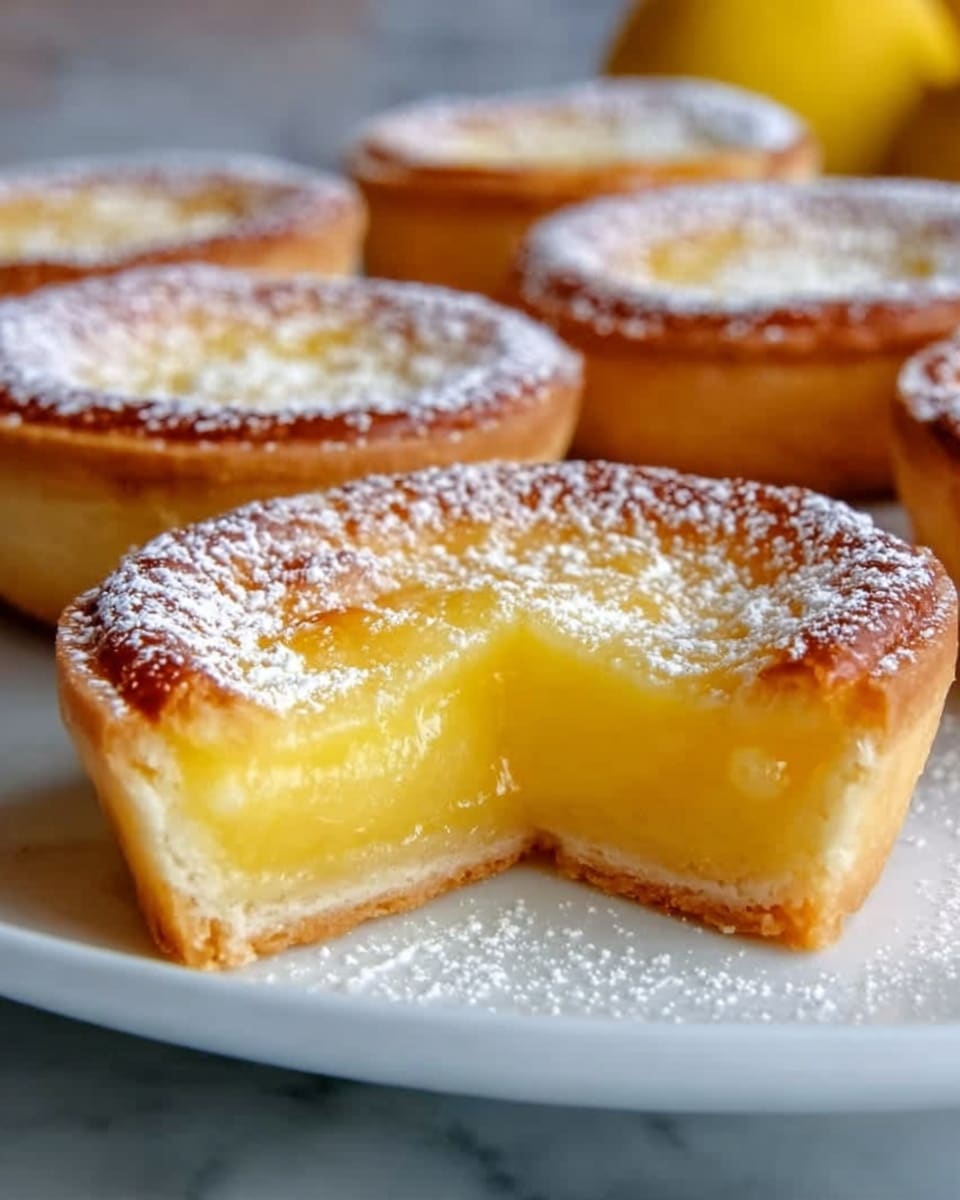 The image shows several round tarts with golden brown crusts on a white plate sitting on a white marbled surface. One tart is cut in half, revealing a smooth, bright yellow filling with a glossy texture inside. The crust looks crisp and slightly flaky, and the tops of the tarts are lightly dusted with powdered sugar. The focus is on the front tart half with the others softly blurred in the background. photo taken with an iphone --ar 4:5 --v 7