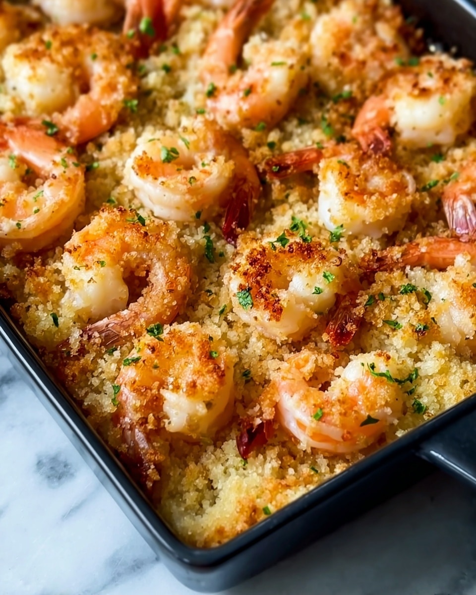 The image shows a close-up of a baked shrimp dish in a dark baking pan placed on a white marbled surface. The top layer consists of golden-brown, crispy breadcrumbs mixed with finely chopped green herbs, creating a crunchy texture scattered evenly. Underneath, there are plump shrimp with pinkish-orange tails and a soft white body, nestled into the breadcrumb layer with some shrimp slightly curled. The mix of the crispy breadcrumb topping and tender shrimp creates a warm, inviting look. The light shines softly on the shrimp, highlighting their juicy texture. Photo taken with an iphone --ar 4:5 --v 7