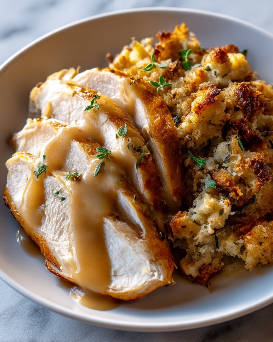 The image shows a white plate with two main layers of food: on the left side, several thick slices of roasted turkey breast with a golden brown outer skin and tender white meat inside, topped with a smooth, light brown gravy that drips down the sides; on the right side, a heap of crispy, golden-brown stuffing with a crumbly texture and bits of green herbs mixed in, some tiny fresh green herb leaves scattered on top of both the turkey and stuffing as garnish, all set against a white marbled surface. photo taken with an iphone --ar 4:5 --v 7