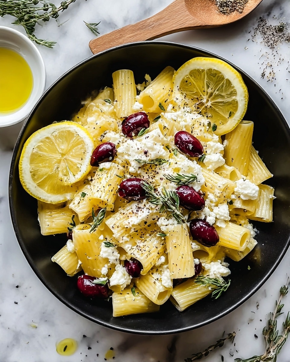 A black bowl holds a dish of rigatoni pasta in pale yellow color, scattered with white chunks of soft cheese and bright green sprigs of fresh herbs. Dark red olives are spread evenly among the pasta tubes. Two lemon halves with bright yellow skin and juicy interiors sit on the edges of the pasta. The dish is lightly seasoned with black pepper and drizzled with olive oil, giving a shiny texture. Next to the bowl, there is a small white bowl with yellow olive oil and a lemon slice. All of this sits on a white marbled surface, with a wooden spoon and some scattered herbs partly visible. Photo taken with an iphone --ar 4:5 --v 7