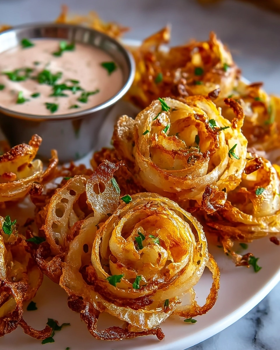 The image shows crispy fried onion petals arranged on a white plate, each onion flower having multiple layers of thin, golden-brown edges with a slightly bubbly texture. The petals vary in color from light golden yellow in the center to darker, crispy brown on the outer edges, giving a textured and crunchy look. Small green parsley leaves are sprinkled over the onion flowers, adding a touch of fresh green. In the background, a small silver bowl contains a creamy pink dipping sauce with some green herb bits visible on top. The setting is on a white marbled surface, enhancing the warm colors of the fried onions and sauce. photo taken with an iphone --ar 4:5 --v 7