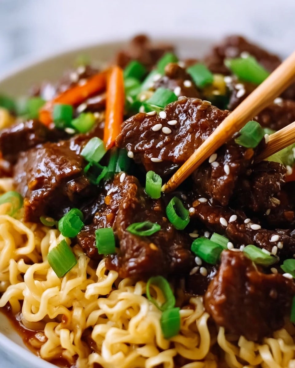 This image shows a close-up of a dish with four main layers. At the bottom, there is a layer of cooked yellow noodles, soft in texture and slightly shiny from sauce. On top of the noodles, there are chunks of dark brown beef that look tender and juicy, coated with a glossy sauce. Scattered on top of the beef are small, bright orange carrot sticks adding color and some crunch. Finally, the top layer has chopped green onions and white sesame seeds sprinkled all over, giving freshness and detail. The dish is on a white plate resting on a white marbled surface, with a pair of wooden chopsticks picking up some beef. Photo taken with an iphone --ar 4:5 --v 7
