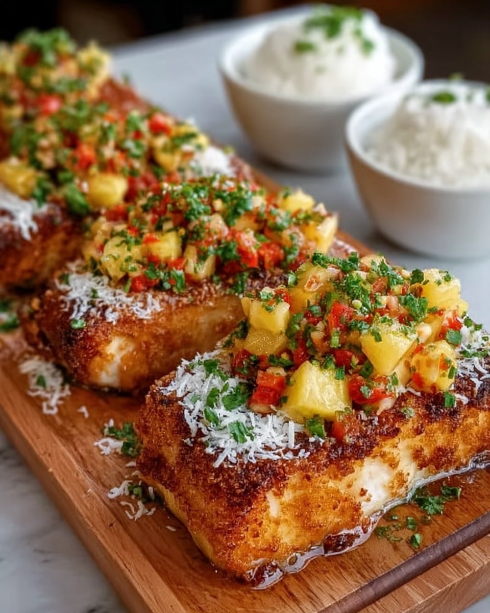 The image shows three thick, golden-brown pieces of crispy fish arranged side by side on a wooden board. Each piece has a crunchy crust on top and is generously topped with a colorful mix of small diced yellow pineapple and red bell peppers, along with finely chopped green herbs. White shredded coconut is sprinkled over the top of the fish, adding texture and contrast. Behind the fish, there are two small white bowls filled with light, creamy sauces or dips. The board sits on a white marbled surface. photo taken with an iphone --ar 4:5 --v 7