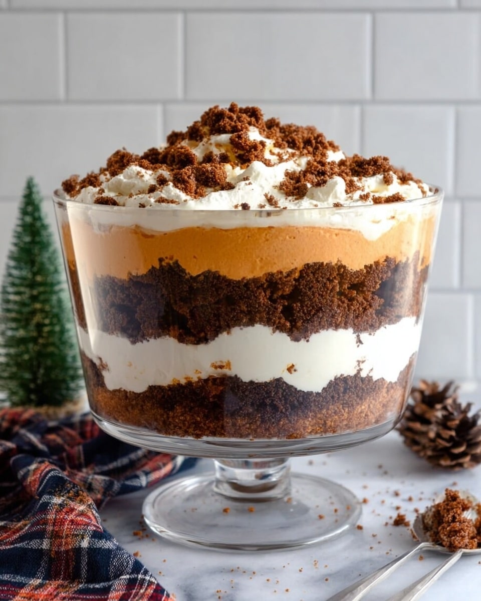 A clear glass trifle bowl holds a layered dessert placed on a white marbled surface, with a background of white tiles. The dessert has five visible layers: the bottom layer is dark brown crumbled cake with a crumbly texture; above it is a thick white creamy layer that looks smooth; next is another layer of dark brown crumbled cake with the same texture; topped by a light orange creamy layer that is smooth and thick; then another layer of dark brown crumbled cake; and the dessert is finished with a fluffy white whipped topping scattered with small dark brown crumbs. A dark plaid cloth and some small pine cones with green pine branches are nearby in the background. Photo taken with an iphone --ar 4:5 --v 7