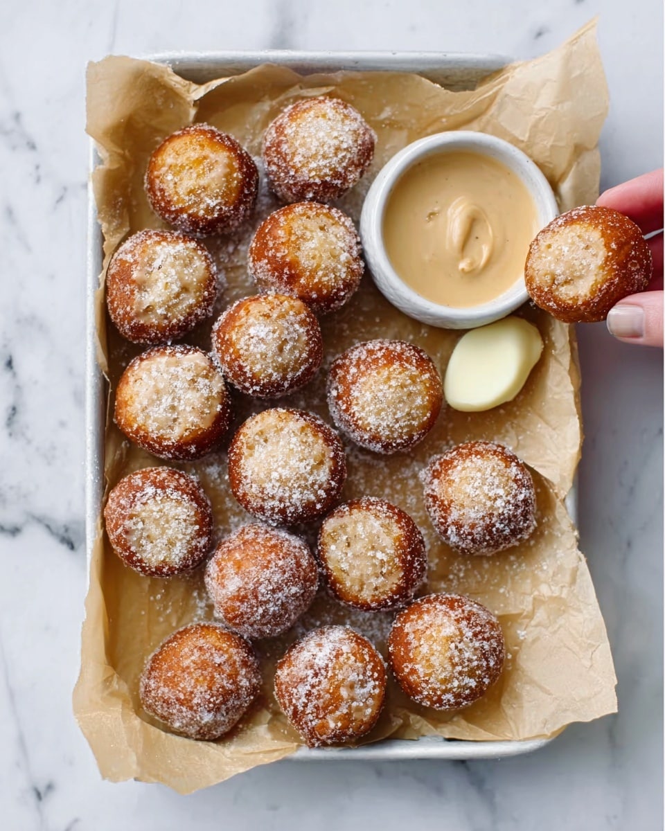 A white rectangular tray lined with light brown paper holds a group of small round doughnut holes, some dusted with white powdered sugar and others coated with a thin white glaze. To the top right corner of the tray is a small white cup filled with creamy light brown coffee or latte, showing a smooth surface. A woman's hand is dipping one of the doughnut holes into the coffee. The background is a white marbled texture. Photo taken with an iphone --ar 4:5 --v 7