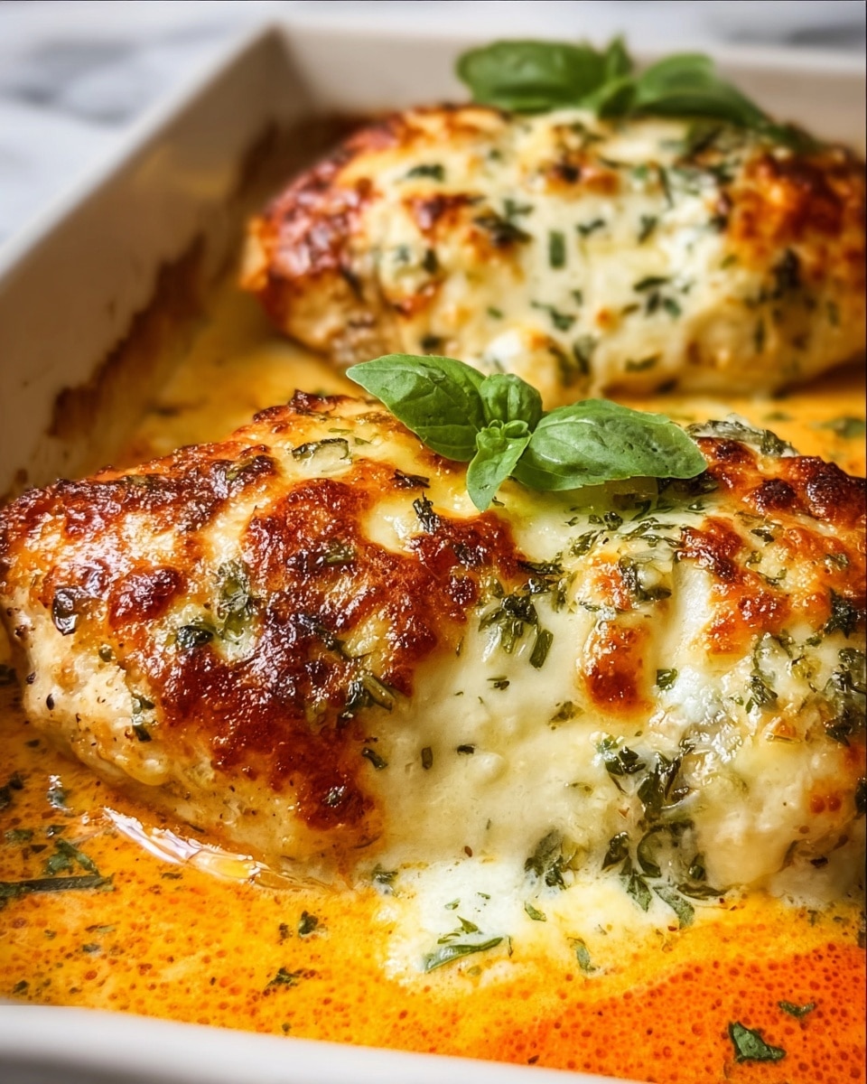 A close-up view of two pieces of baked chicken breast, each covered with a thick layer of golden, bubbly melted cheese with browned spots on top. The cheese layer has a textured look with herbs sprinkled on it, adding green flecks. The chicken pieces sit in a shallow pool of orange and white creamy sauce that spreads around the base. A small fresh basil leaf rests on the front piece of chicken, adding a pop of bright green color. The dish is served in a white baking dish, and the white marbled surface underneath is faintly visible in the background. photo taken with an iphone --ar 4:5 --v 7