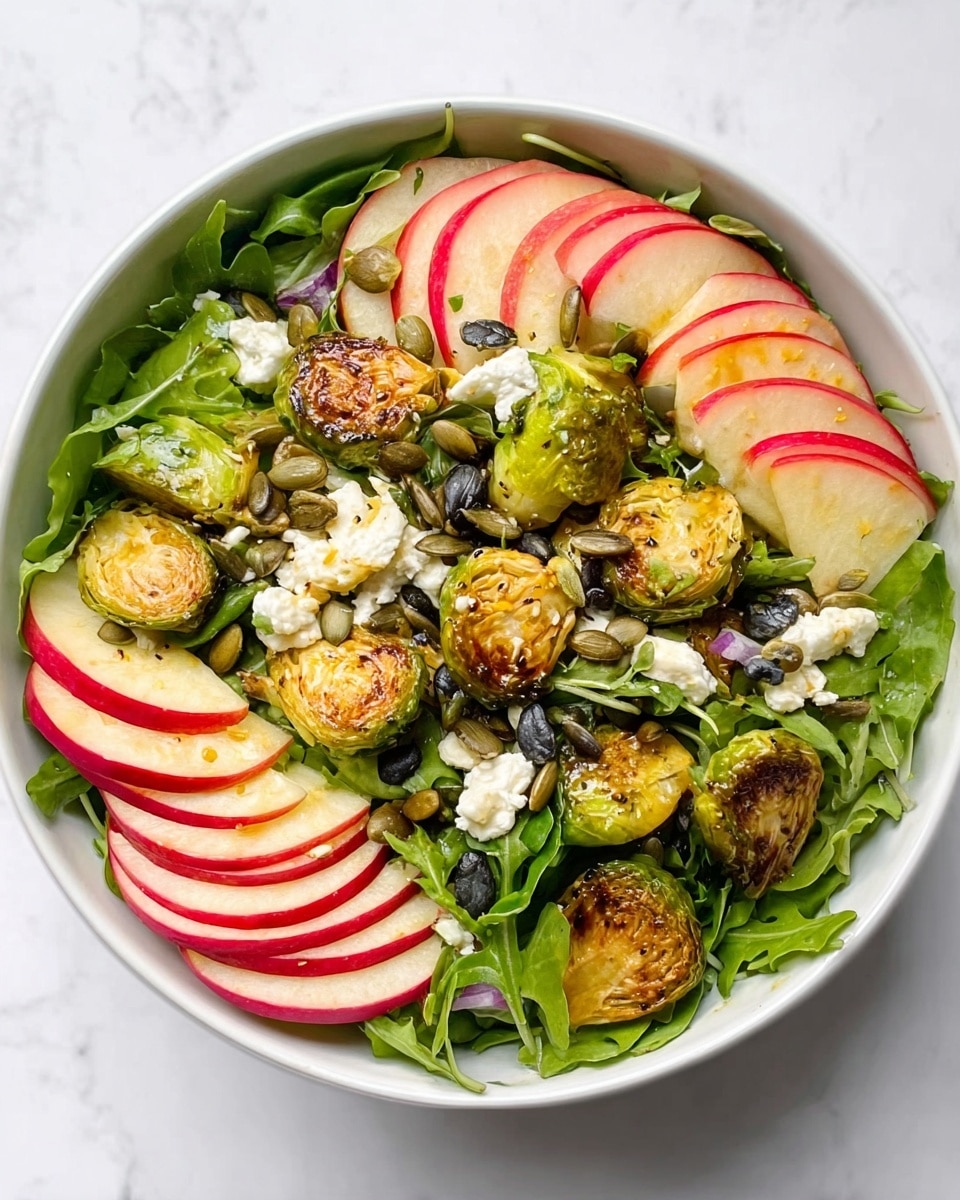A white bowl filled with fresh salad showing a base layer of green arugula leaves, topped with a second layer of roasted Brussels sprouts that have a golden-brown color and slight char marks. Around the sides, there are thin slices of red apple with crisp, shiny red skin and white flesh, arranged in a fan shape. Scattered on top are small white crumbles of feta cheese and thin purple rings of red onion. Small sunflower seeds are sprinkled evenly across the salad, adding texture. The bowl is placed on a white marbled surface. Photo taken with an iphone --ar 4:5 --v 7