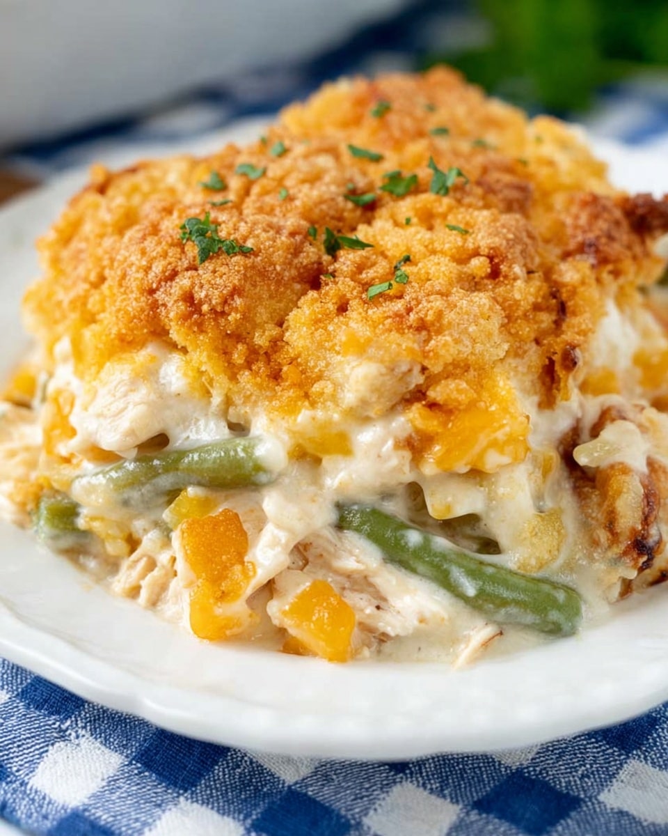 The image shows a close-up of a creamy casserole dish on a white plate sitting on a blue and white checkered cloth. The casserole has two golden brown, crispy browned top layers with a slightly rough texture, sprinkled with small green herbs. Below, there is a thick creamy sauce filled with little bright orange cubes, likely cheese or vegetables, and green beans. Pieces of white chicken or turkey are partially visible beneath the creamy mixture, with some browned bits showing around the edges. The mix of creamy white, orange, green, and golden brown colors makes the dish look rich and comforting. Photo taken with an iphone --ar 4:5 --v 7