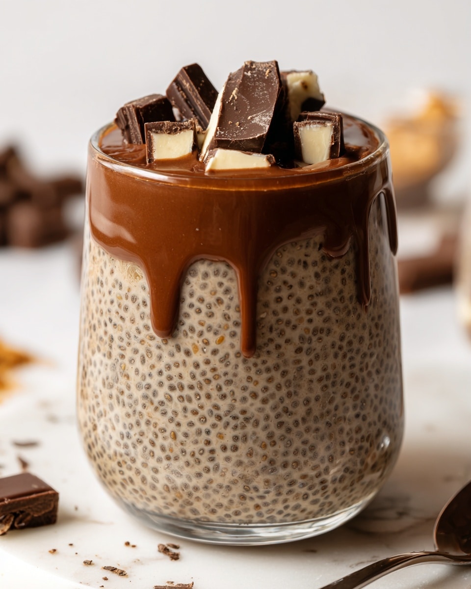 A clear glass filled with two layers: the bottom layer takes up most of the glass and is a creamy light brown chia pudding with visible black chia seeds spread evenly throughout. On top is a thick, glossy dark brown chocolate layer that drips slightly over the chia pudding below. The glass is garnished with small chunks of milk chocolate and white chocolate pieces sitting on the chocolate layer. The background is a white marbled texture with soft natural lighting highlighting the textures of both layers. photo taken with an iphone --ar 4:5 --v 7