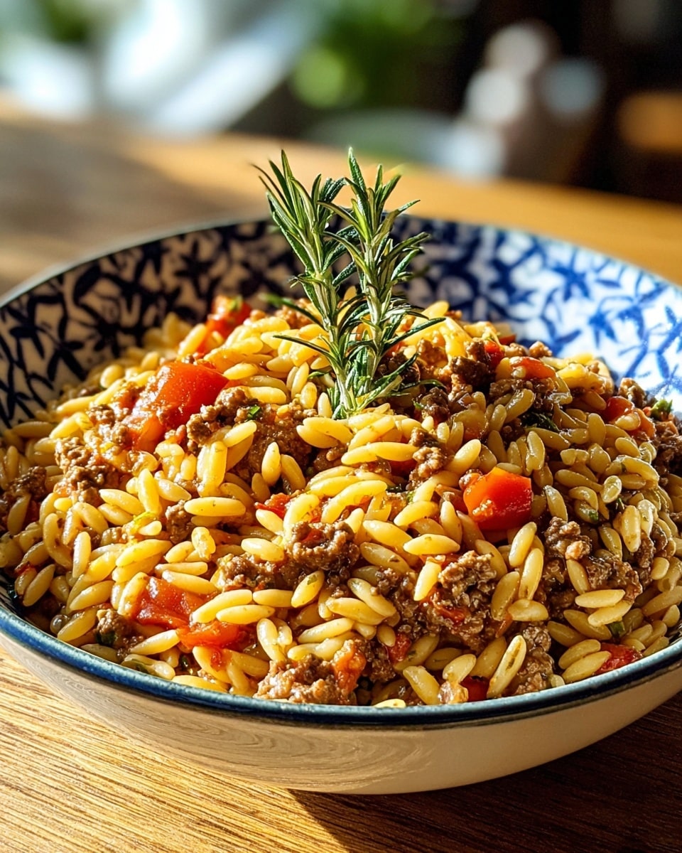 A close-up bowl of orzo pasta mixed with ground beef and small tomato pieces, all coated in a light red sauce. The orzo pasta looks soft and slightly shiny, light yellow in color, while the ground beef is finely crumbled and brown. Small chunks of bright red tomatoes add color throughout. The dish is served in a white bowl with blue patterns inside, with a sprig of green rosemary on top. The bowl is placed on a wooden surface with a blurred white marbled texture background. A white spoon handle is seen sticking into the food. photo taken with an iphone --ar 4:5 --v 7