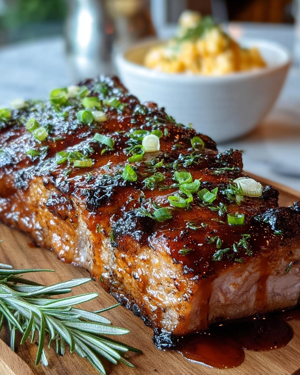 A thick piece of grilled meat with a shiny, dark brown glaze sits on a wooden board, cut into four slices revealing a juicy and tender inside. The top layer is caramelized and sprinkled with small green onion slices and fresh green herbs. Dark sauce pools slightly around the bottom edges of the meat. A sprig of rosemary lies next to the meat on the board. In the blurred background, a white bowl filled with a creamy dish is visible. The whole scene is on a white marbled texture. photo taken with an iphone --ar 4:5 --v 7