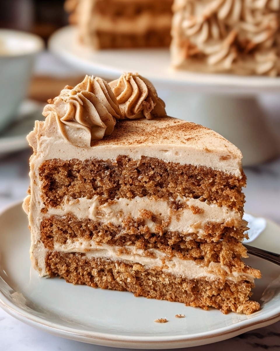 A close-up of a three-layer slice of cake on a white plate with a silver edge, set on a white marbled surface. The cake has three thick layers of moist, brown crumb with visible texture and bits of filling. Between each layer is a smooth, light brown frosting that is creamy and slightly thick. The top layer of frosting is topped with extra piped swirls of the same light brown frosting, decorated with a dusting of fine cinnamon or brown sugar. There are a few crumbs scattered around the base of the slice, adding texture. In the background, a blurred whole cake can be seen on a similar white plate. The photo was taken with an iphone --ar 4:5 --v 7