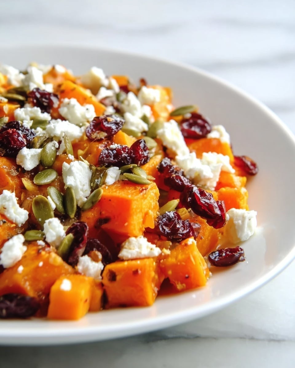 The image shows a close-up of a dish served in a white plate on a white marbled surface. The dish has several layers: the bottom layer is made of orange cubed pieces, likely cooked sweet potatoes, with a soft texture. On top of this are scattered dark red dried cranberries and some green pumpkin seeds, adding color contrast and texture. Finally, the dish is topped with white crumbled cheese, adding a creamy visual element that contrasts with the orange and dark red tones. The overall look is colorful, fresh, and inviting. photo taken with an iphone --ar 4:5 --v 7