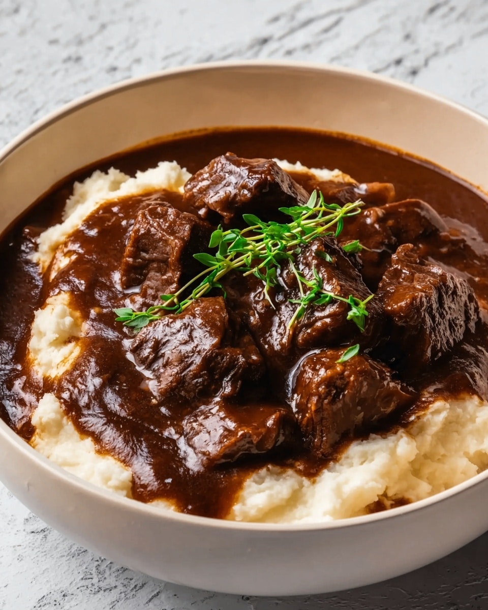 The image shows a white bowl filled with three main layers. The bottom layer is white and soft, looking like a smooth bed of mashed potatoes. On top of this is a thick dark brown sauce with a shiny, smooth texture that spreads around the mashed potatoes. The top layer is made of large pieces of dark brown meat, which appear tender and covered in sauce. A small sprig of fresh green herbs rests on the meat for a touch of color. The bowl sits on a white marbled surface, and the photo was taken with an iphone --ar 4:5 --v 7
