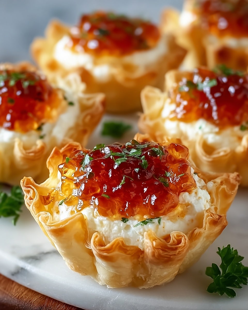 The image shows five small tartlets on a white marbled surface, each with three visible layers. The bottom layer is a golden, crispy, ruffled phyllo dough shell. The middle layer is soft and creamy white cheese that fills the shell. The top layer is a shiny, amber-orange jelly or jam with a glossy, textured look, garnished with tiny green herb pieces sprinkled on top. Small green parsley leaves are scattered around the tartlets, adding a fresh touch. The focus is on the front tartlet, with the others softly blurred in the background, creating depth. photo taken with an iphone --ar 4:5 --v 7