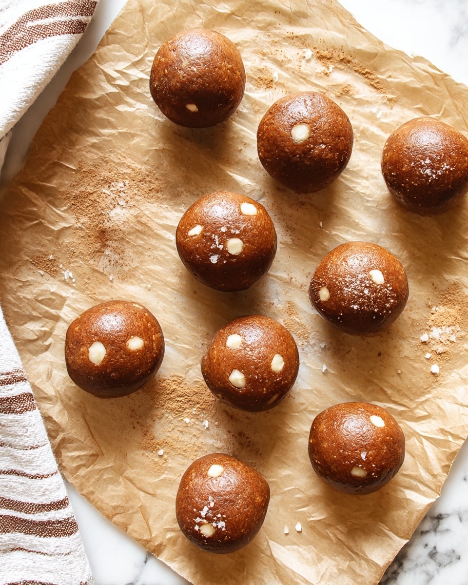 Nine round dough balls sit on crinkled brown parchment paper placed on a white marbled surface. Each ball is smooth and has a rich, dark brown color with small white chunks scattered throughout, giving a textured look. There are some light brown powder sprinkles and a few flakes of salt spread on the parchment around the balls. A corner of a white and brown striped cloth is visible on the left side. The photo taken with an iphone --ar 4:5 --v 7