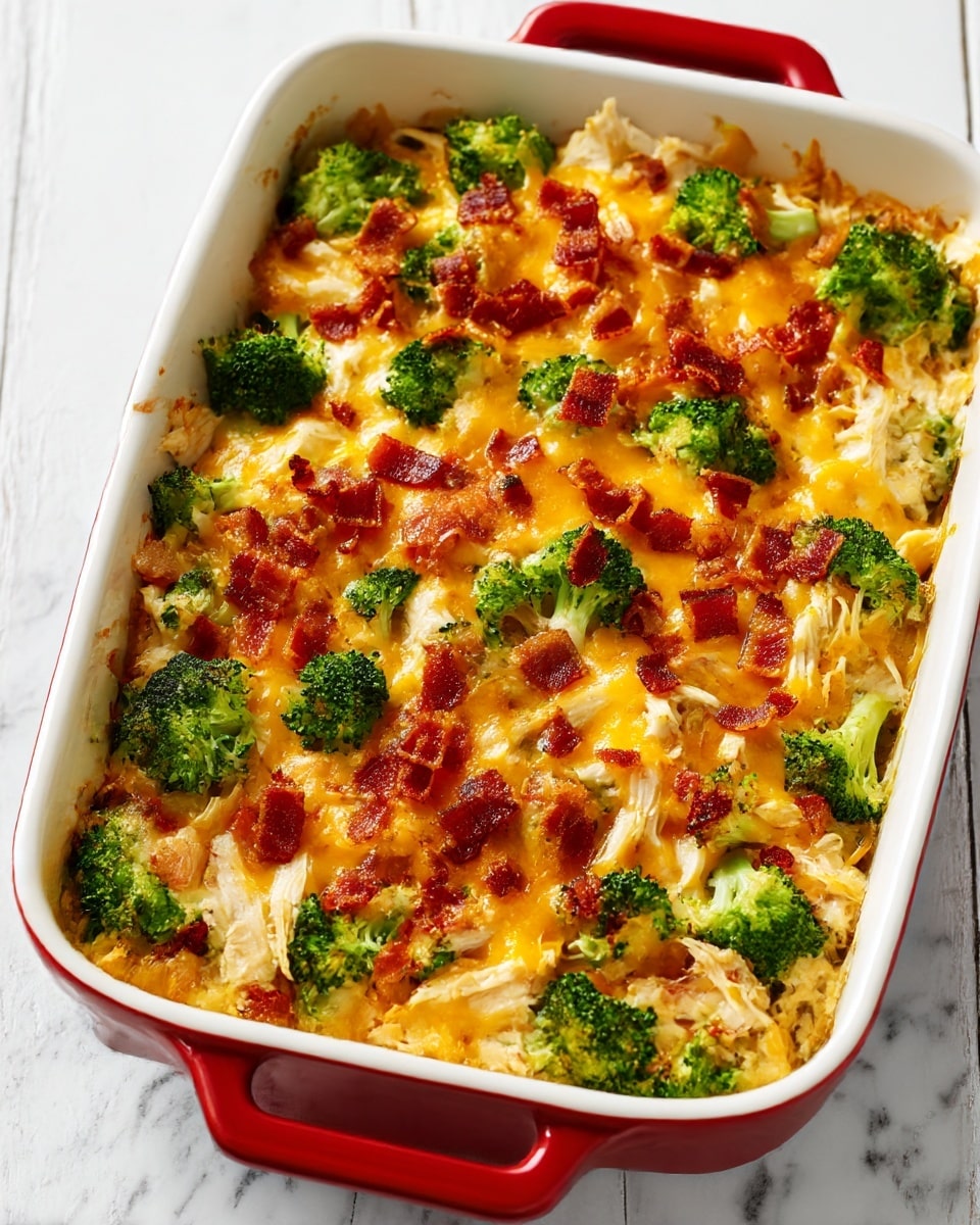 A white baking dish with red handles holds a baked casserole with three visible layers; the bottom layer consists of shredded white chicken, topped by bright green broccoli florets scattered evenly, and covered by melted golden cheddar cheese with crispy small pieces of browned bacon sprinkled all over. The casserole surface shows a mix of textures, from soft chicken to bubbly cheese and crunchy bacon, all sitting on a white marbled surface. Photo taken with an iphone --ar 4:5 --v 7