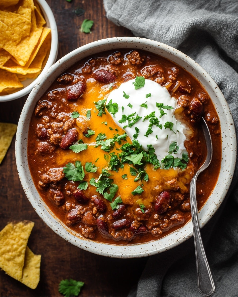A white speckled bowl filled with thick chili showing three main layers: the base layer is rich dark brown chili with visible ground meat and kidney beans, the middle layer is melted golden-orange cheese covering part of the chili, and the top layer is a dollop of white sour cream sprinkled with fresh green chopped cilantro. A silver spoon rests on the right edge inside the bowl. The bowl sits on a dark wooden surface with a gray cloth nearby and some yellow tortilla chips in a white bowl and scattered around. photo taken with an iphone --ar 4:5 --v 7