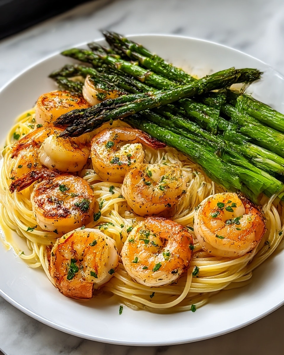 A white plate holds a layered dish starting with a bed of thin, golden pasta strands gently coated with herbs and oil, giving a light shine. On top of the pasta, there is a neat pile of bright green roasted asparagus, slightly charred in places, lying across the middle of the plate. Surrounding the asparagus is a ring of plump, grilled shrimp, their shells showing a mix of pink and orange hues with a slight sear, sprinkled with small green herb bits. The white marbled surface underneath the plate adds a clean, fresh look to the scene. photo taken with an iphone --ar 4:5 --v 7