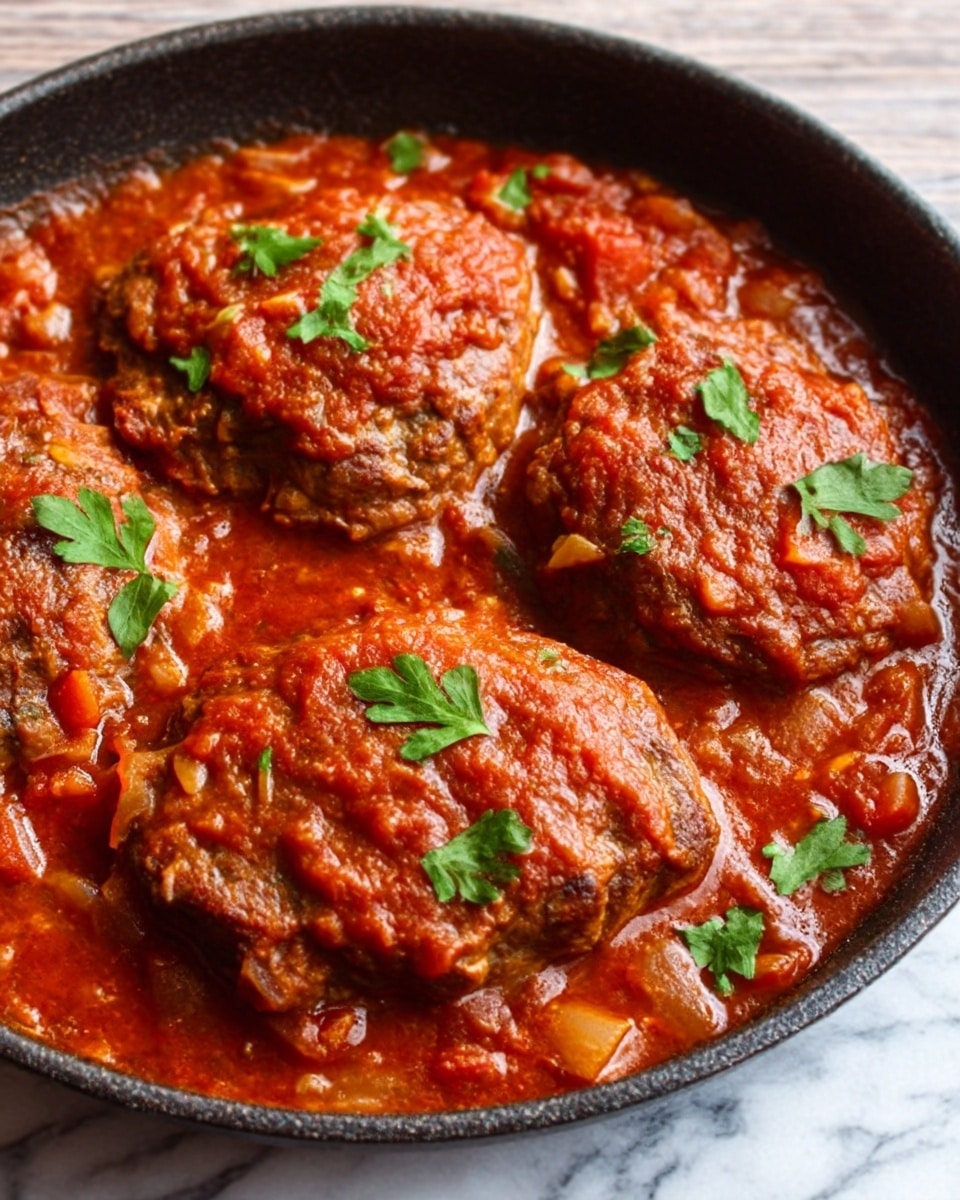 The image shows a close-up of a black pan on a white marbled surface filled with a thick tomato-based sauce. On top of the sauce, there are three large, browned meat patties covered with bright red tomato sauce. The sauce around the patties has visible pieces of tomatoes and some herbs, and a few small green leaves of fresh parsley are sprinkled over the meat as garnish. The pan's texture is smooth, and the sauce looks rich and hearty, making the dish appear warm and comforting. Photo taken with an iphone --ar 4:5 --v 7