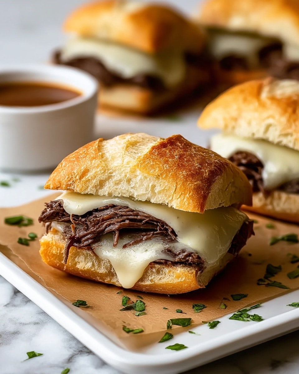 The image shows a close-up of a sandwich with three visible layers: the bottom layer is a white crusty bread roll, slightly toasted; the middle layer contains dark brown shredded beef with a juicy texture; the top layer is melted white cheese that drapes over the beef, with small green herbs visible in the cheese. The sandwich sits on a sheet of brown paper on a metal tray, with small green herb pieces scattered around. In the background, there are more sandwiches similar in appearance and a white bowl filled with brown sauce. The surface is a white marbled texture. photo taken with an iphone --ar 4:5 --v 7