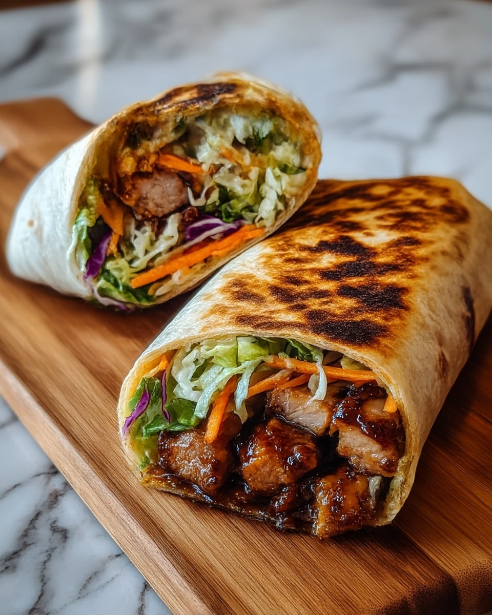 The image shows two halves of a grilled wrap placed on a wooden board over a white marbled surface. Each wrap has a golden brown, slightly crispy outer layer with char marks. Inside, there are three visible layers: the bottom layer is dark brown glazed grilled chicken with a shiny texture, the middle layer contains a mix of shredded green lettuce, orange carrot strips, and some purple cabbage for color contrast, and the top layer is the inner side of the wrap, lightly toasted. The wraps are cut in half diagonally, showing the colorful ingredients inside clearly. photo taken with an iphone --ar 4:5 --v 7