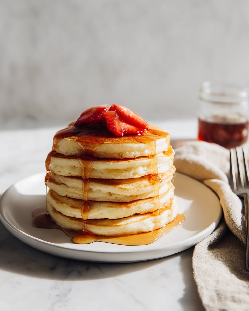 A stack of six thick, golden-brown pancakes sits in the center of a white plate, each pancake soft and fluffy with slightly uneven edges. Amber syrup slowly drips down from the top, covering the top two layers and pooling gently at the base. On top, there are three slices of bright red strawberries, shining with syrup. The plate rests on a white marbled surface, with a beige cloth and silver fork placed casually to the right, near a small jar of syrup. The lighting is bright and natural, highlighting the texture and shine of the syrup and fruit. photo taken with an iphone --ar 4:5 --v 7