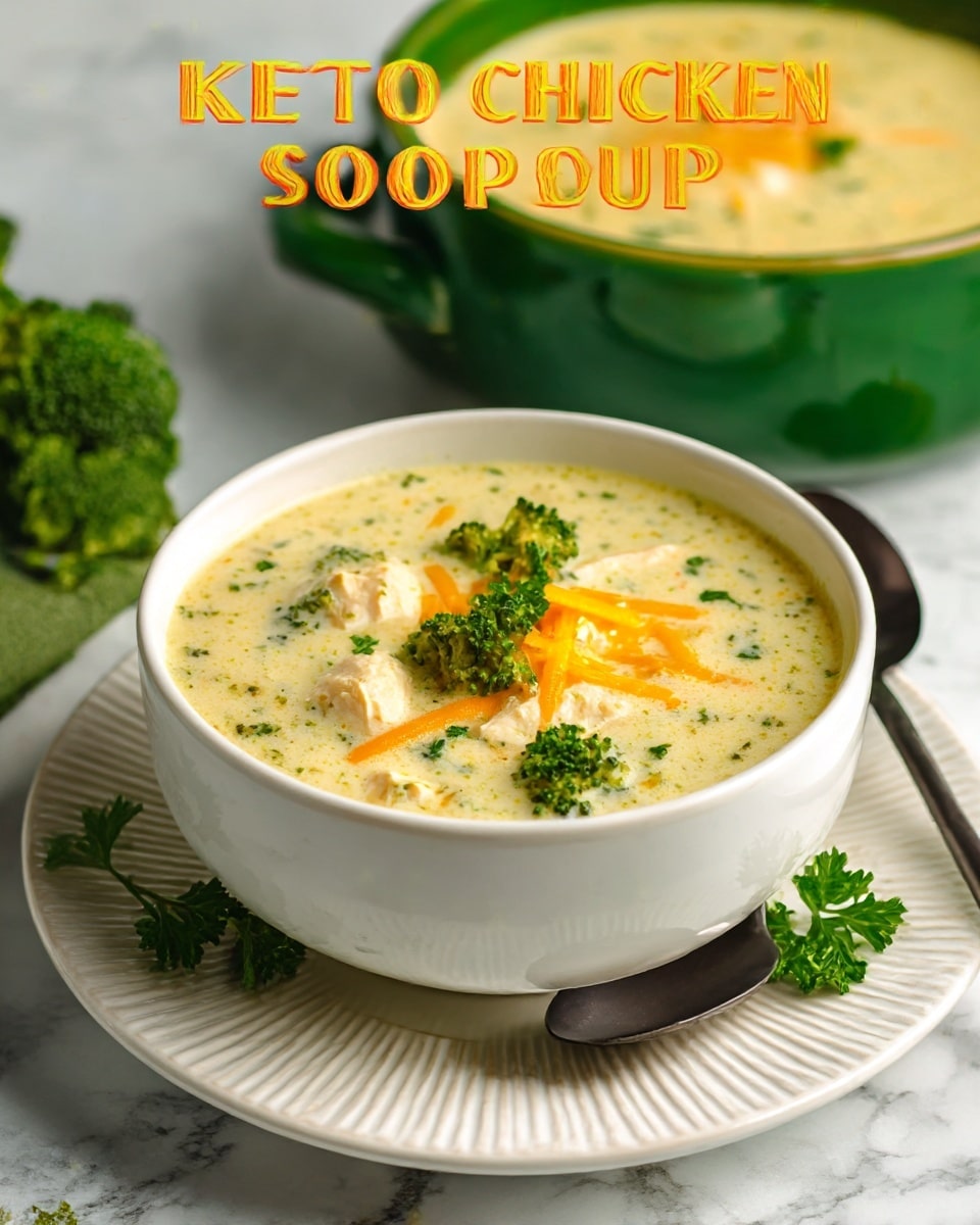 A white bowl filled with creamy keto chicken broccoli soup sits centered on a white ridged plate over a white marbled surface, with visible small bright green broccoli pieces and bits of orange shredded cheese floating on top, garnished with fresh green parsley leaves. In the background, a green ceramic bowl holds more of the thick, pale yellow soup speckled with green broccoli and cheese, accompanied by a dark spoon resting inside the foreground bowl. The overall scene has a fresh and comforting look with warm lighting. photo taken with an iphone --ar 4:5 --v 7