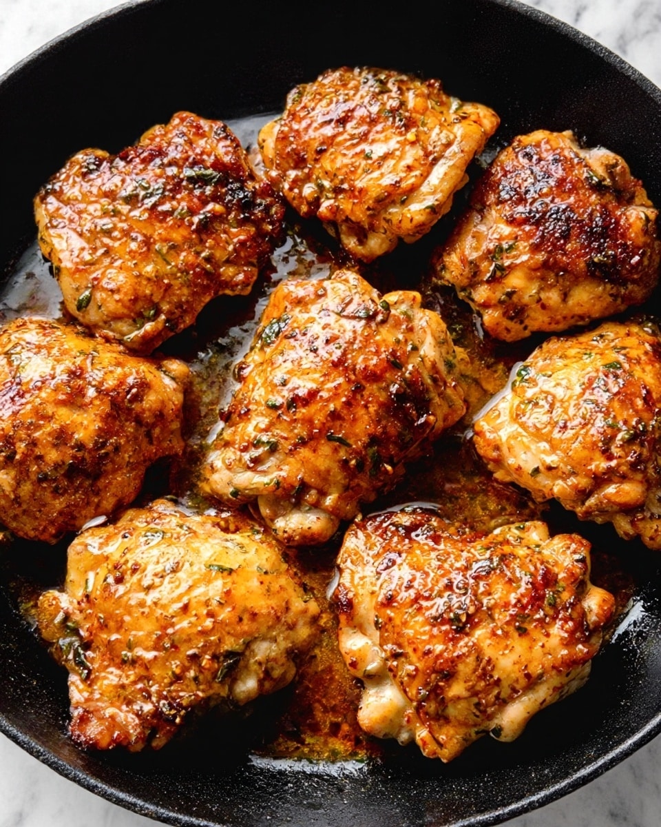The image shows seven pieces of golden-brown cooked chicken thighs in a black skillet. Each piece is slightly crispy with a textured surface that has herbs and small spices sprinkled on top, shining under the light. The chicken pieces have a mix of darker and lighter brown spots that show the roasting process. The pan holds some oily juices that reflect light softly, making the chicken look juicy and flavorful. The background is a white marbled texture. Photo taken with an iphone --ar 4:5 --v 7