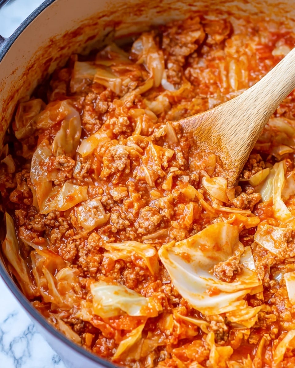 A close-up view of a cooked dish in a pot with a wooden spoon stirring it. The dish has a rich tomato-based sauce in bright orange-red color mixed with small crumbled pieces of ground meat that are brown, and chunks of pale yellow to white cabbage. The textures appear soft and moist, with visible layers of meat and cabbage pieces coated evenly by the sauce. The wooden spoon rests inside, partially covered with the sauce and ingredients. The background surface is a white marbled texture. photo taken with an iphone --ar 4:5 --v 7