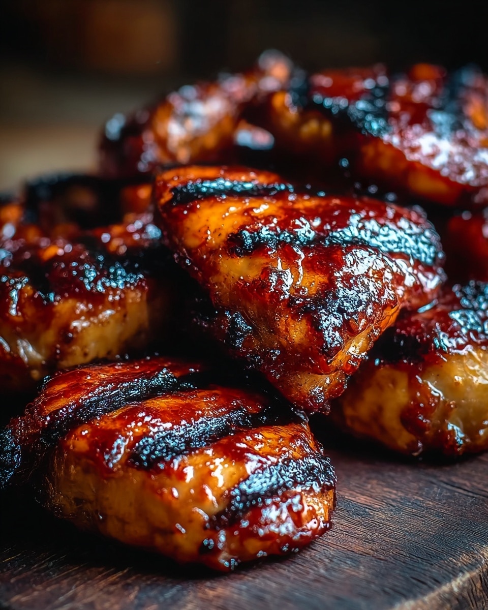 The image shows several pieces of grilled chicken with a rich, glossy, dark reddish-brown glaze, featuring charred black grill marks scattered unevenly across the surface. The chicken pieces look juicy with a slightly rough texture and caramelized edges. They are stacked closely together on a dark wooden surface, creating a sense of depth and warmth. The background is softly blurred, emphasizing the foreground pieces. photo taken with an iphone --ar 4:5 --v 7