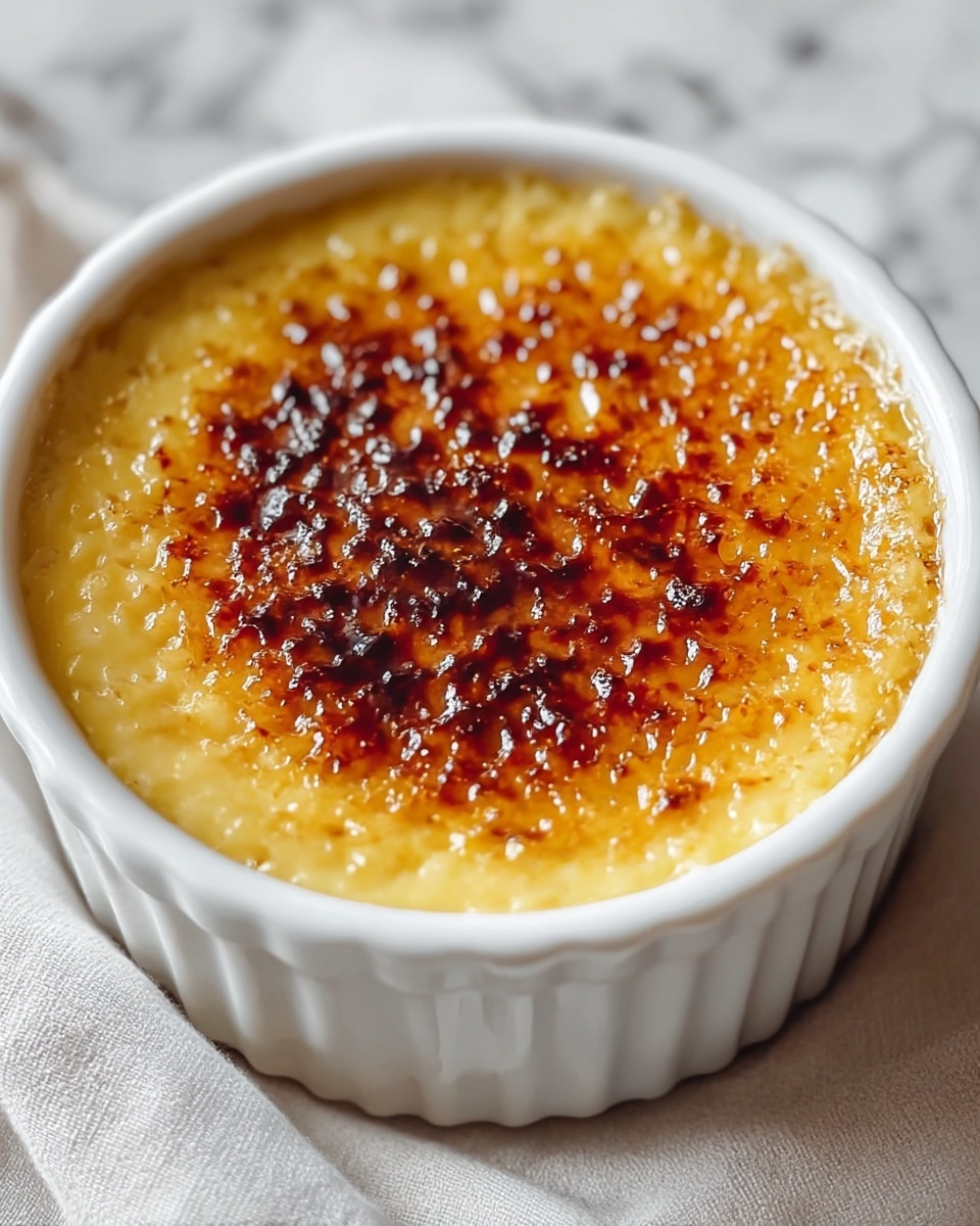 A small white ramekin filled with a creamy yellow custard base topped with a layer of caramelized sugar that is dark brown and slightly burnt in the center, creating a rich, textured pattern on the surface. The custard underneath looks smooth and soft with a slightly shiny finish, and the ramekin sits on a white marbled surface with a light cloth partially visible underneath. photo taken with an iphone --ar 4:5 --v 7