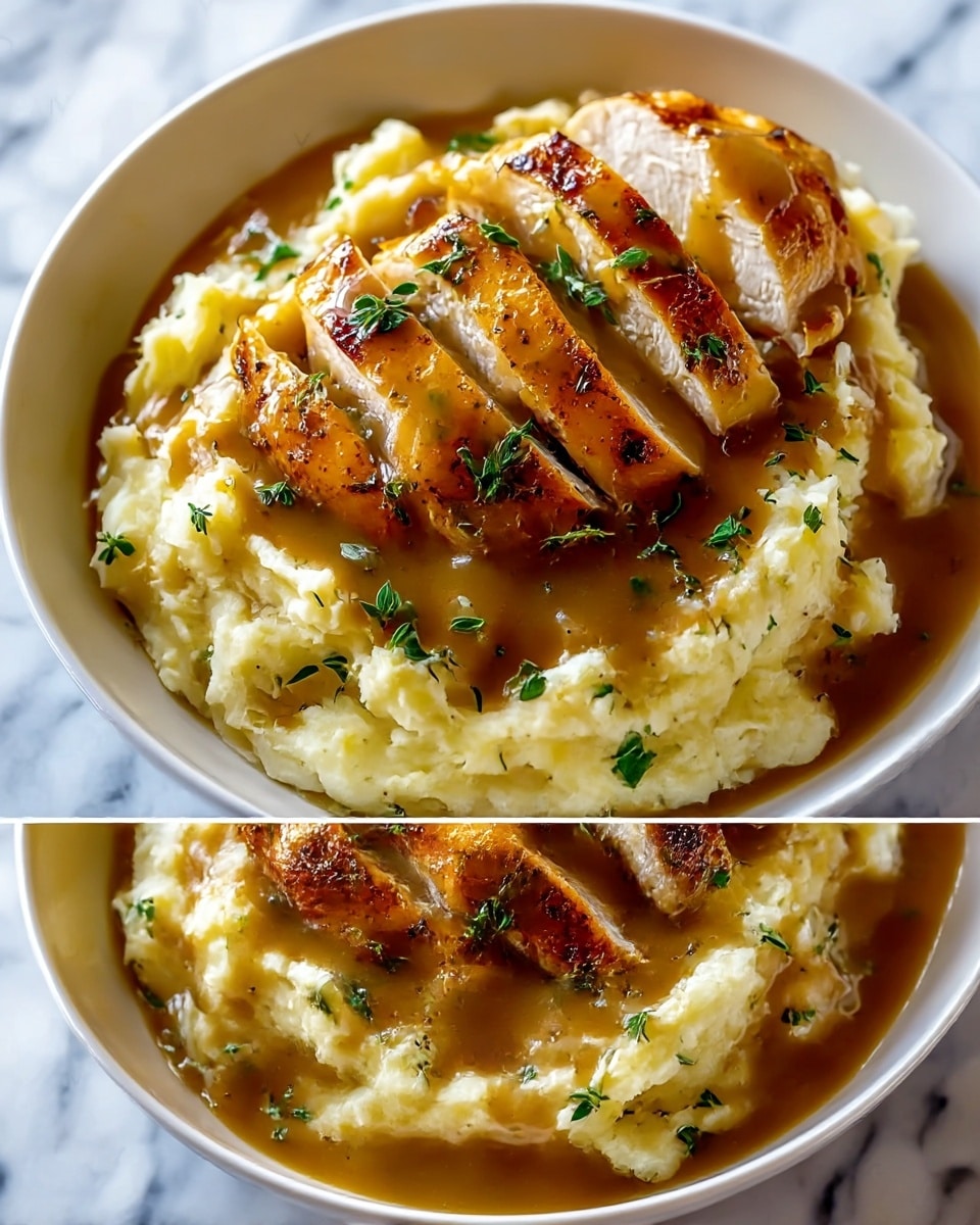 A white bowl is filled with a base layer of creamy, light yellow mashed potatoes that have a soft and fluffy texture. On top, there are four thick slices of browned chicken, showing a golden crispy skin and moist inside. The chicken is covered with a smooth brown garlic gravy, pooling around the edges of the mashed potatoes. Small green herb leaves are sprinkled over the whole dish, adding slight pops of color. The background shows a clean white marbled surface. photo taken with an iphone --ar 4:5 --v 7