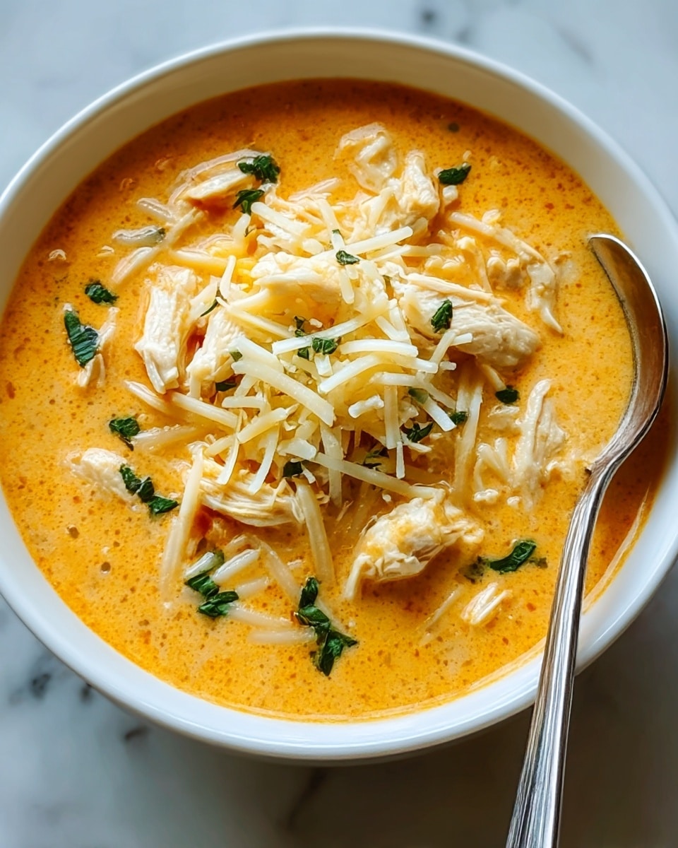 A white bowl filled with creamy orange soup, topped with shredded white chicken pieces spread evenly on the surface. Bright red tomato chunks are visible throughout the soup, adding bursts of color. The soup is sprinkled with finely chopped green herbs and thin strips of pale yellow cheese, creating a fresh and inviting look. A spoon is partially immersed on the right side of the bowl, resting against the side. The bowl is placed on a white marbled textured surface. photo taken with an iphone --ar 4:5 --v 7