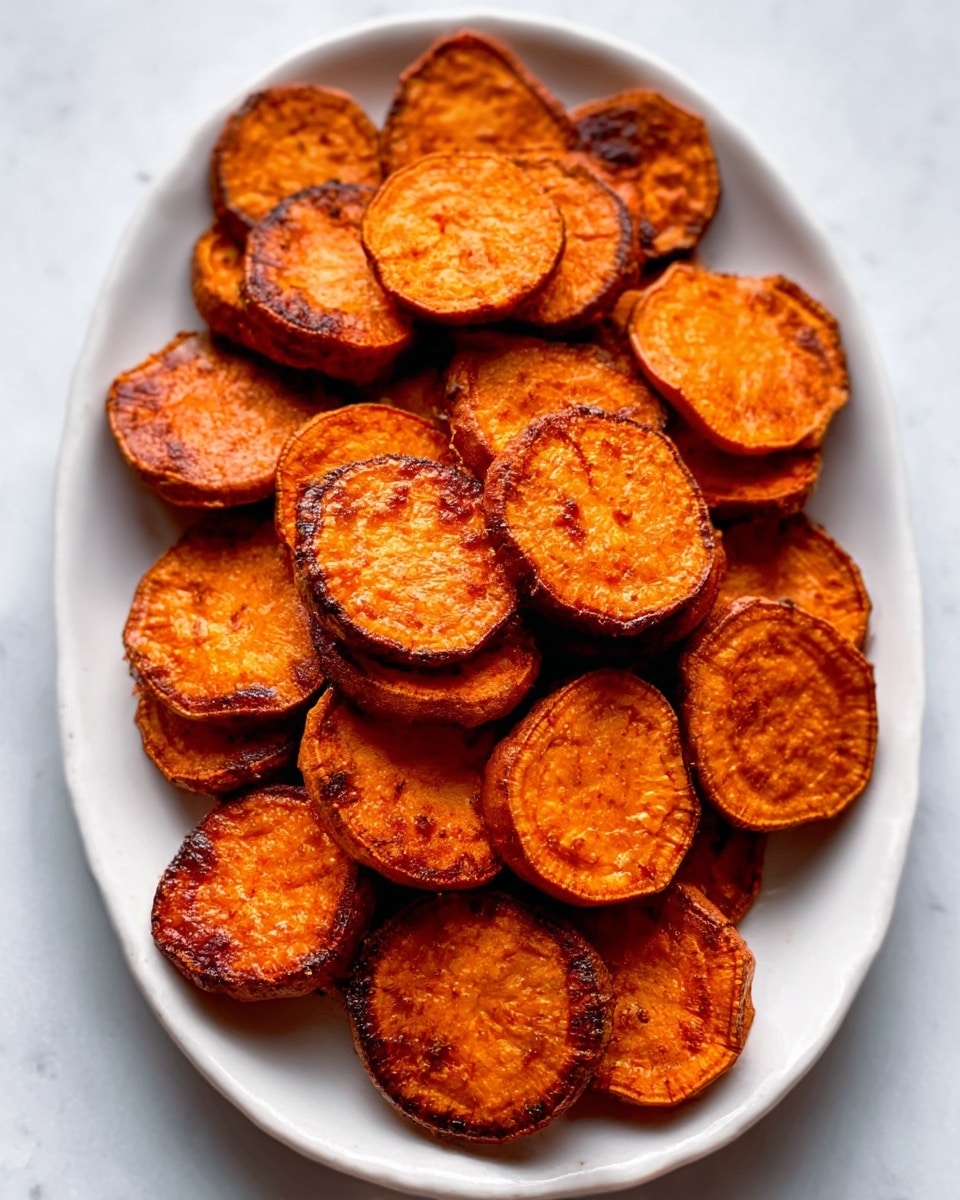 The image shows a white oval plate filled with several round slices of roasted sweet potatoes. Each slice has a slightly crispy, dark brown edge with a soft-looking orange center. The sweet potatoes are arranged in small overlapping piles, showing both whole slices and some with slight caramelized spots. The plate is placed on a white marbled surface, creating a clean and simple look. Photo taken with an iphone --ar 4:5 --v 7