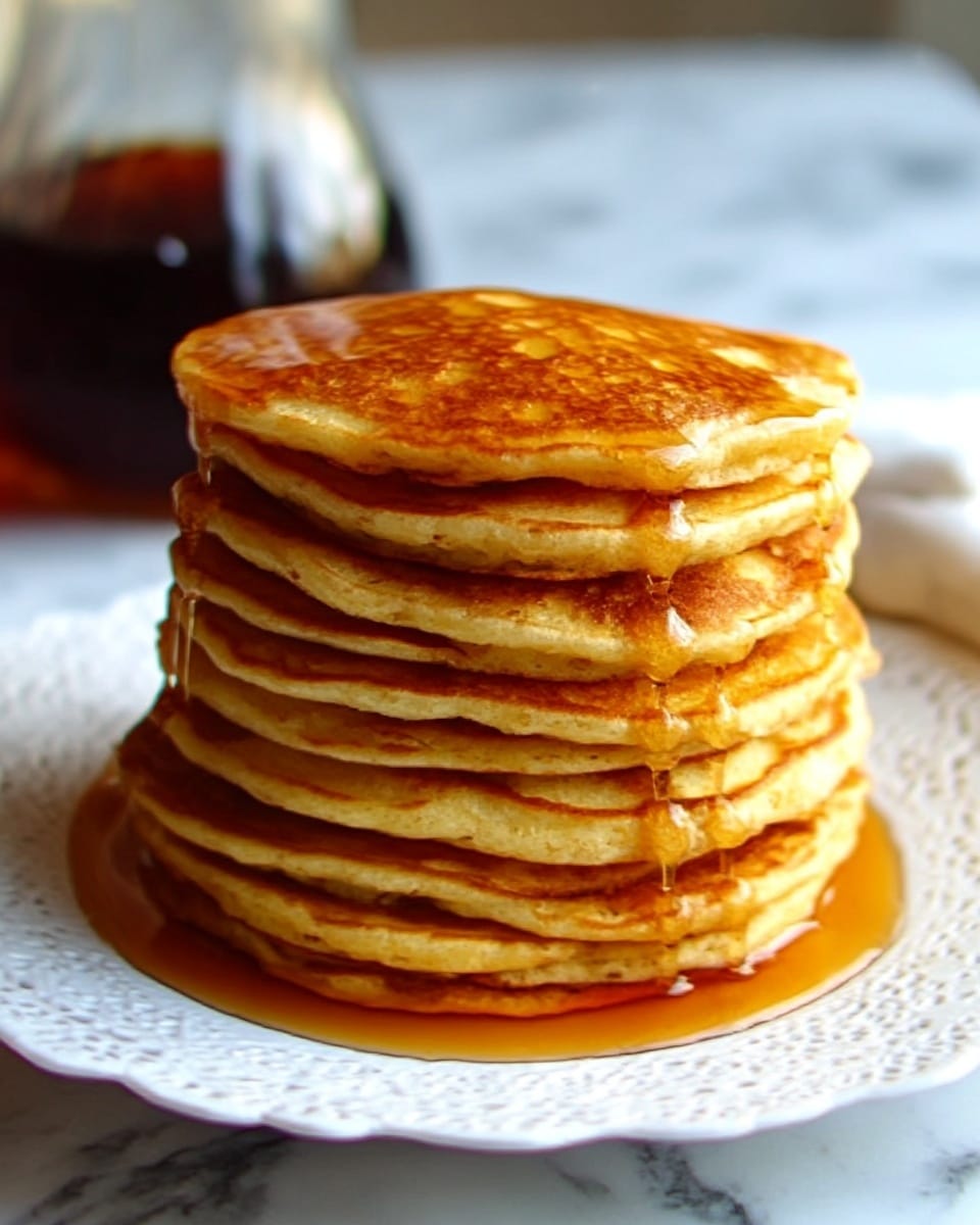 A tall stack of eight golden brown pancakes sits on a white plate with a lacy pattern. The pancakes look fluffy and soft with slightly crispy edges. Warm syrup glistens over the top pancake and drips down the sides in thin streams. The background is a white marbled surface, and there is a blurred darker glass container in the back. photo taken with an iphone --ar 4:5 --v 7