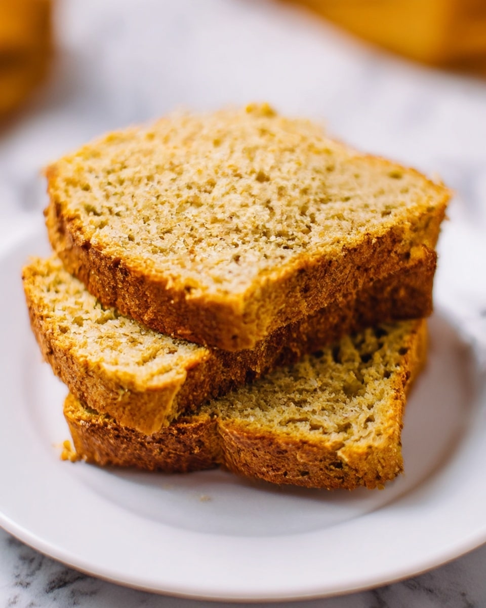 A stack of three slices of golden brown bread with a crumbly texture is placed on a white plate. Each slice shows a rough surface with visible grainy bits and a slightly darker crust on the edges. The bread looks moist and dense, with small holes and specks throughout, giving a rustic and homemade appearance. The white marbled surface under the plate adds a clean and bright contrast to the warm colors of the bread. photo taken with an iphone --ar 4:5 --v 7