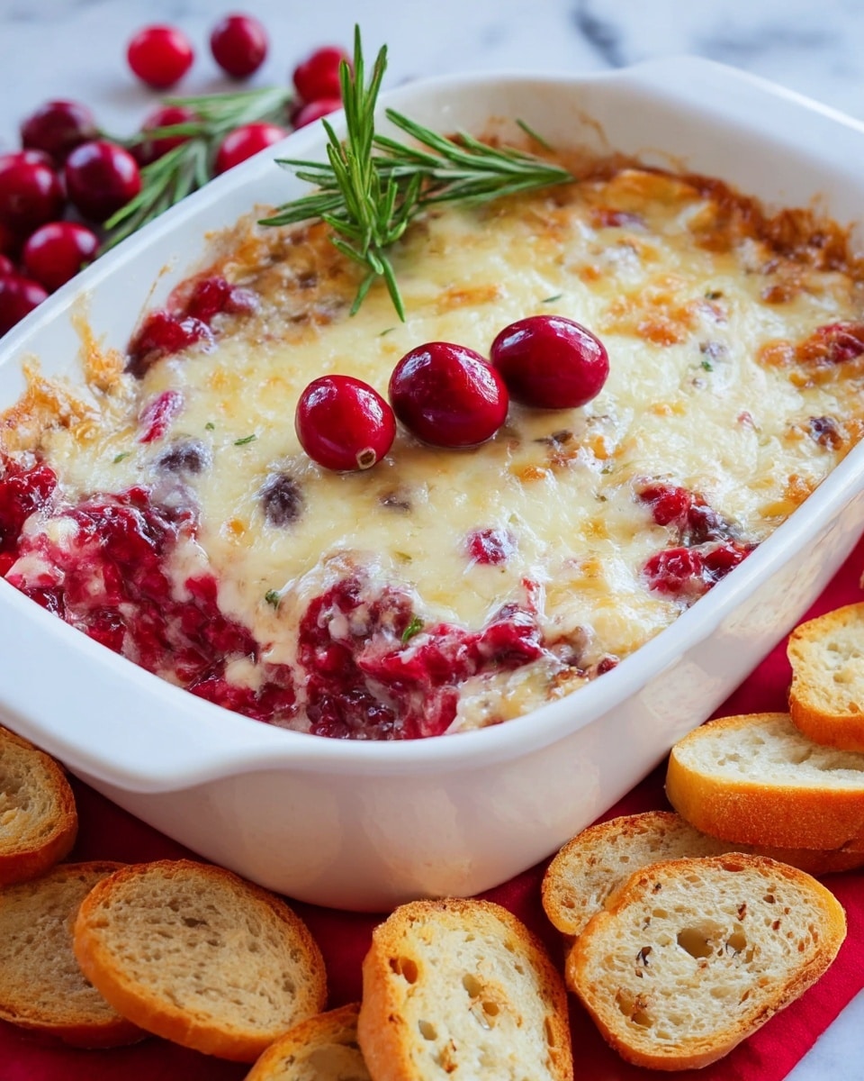 A white baking dish filled with a creamy, melted cheese and berry dip showing a mix of pink and red colors with textures of melted cheese and soft berries on top. On the top center, a small cluster of three whole berries with a green rosemary sprig adds a fresh touch. The dish rests on a red cloth, placed on a wooden board with scattered green rosemary sprigs. Surrounding the baking dish are golden toasted bread slices and light brown round chips. The background features a white marbled texture. photo taken with an iphone --ar 4:5 --v 7