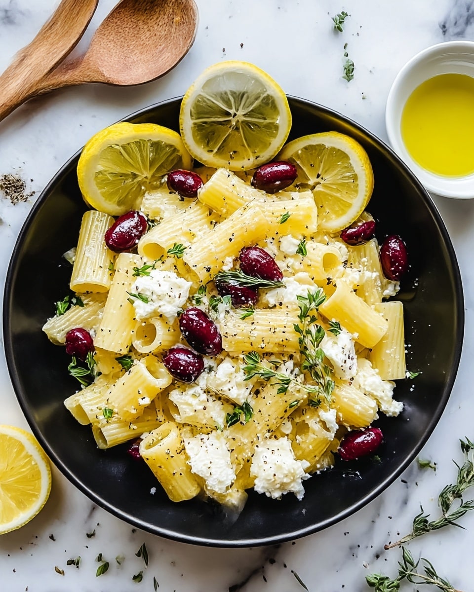 A black bowl filled with a simple pasta dish showing one layer of rigatoni pasta in a light beige color, topped with scattered dark red olives and white cubes and crumbles of soft cheese, garnished with small green herb sprigs and cracked black pepper. There are two lemon halves placed within the bowl, adding a bright yellow color. The bowl sits on a white marbled surface with a wooden spoon nearby and part of a white dish above containing lemon slices floating in a yellow liquid. photo taken with an iphone --ar 4:5 --v 7