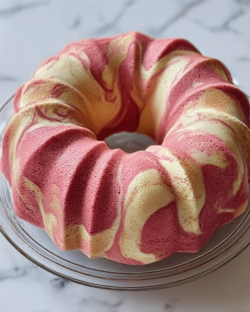 The image shows a round, bundt-style dessert with smooth swirled layers of pink, light brown, and creamy white colors. The pink layers are the most dominant, covering most of the surface with a velvety texture, while the light brown and creamy white layers create soft, flowing patterns throughout. The dessert sits on a clear glass plate on a white marbled surface. The shapes of the swirls are organic and irregular, blending softly into each other, giving the cake a marble-like look. photo taken with an iphone --ar 4:5 --v 7