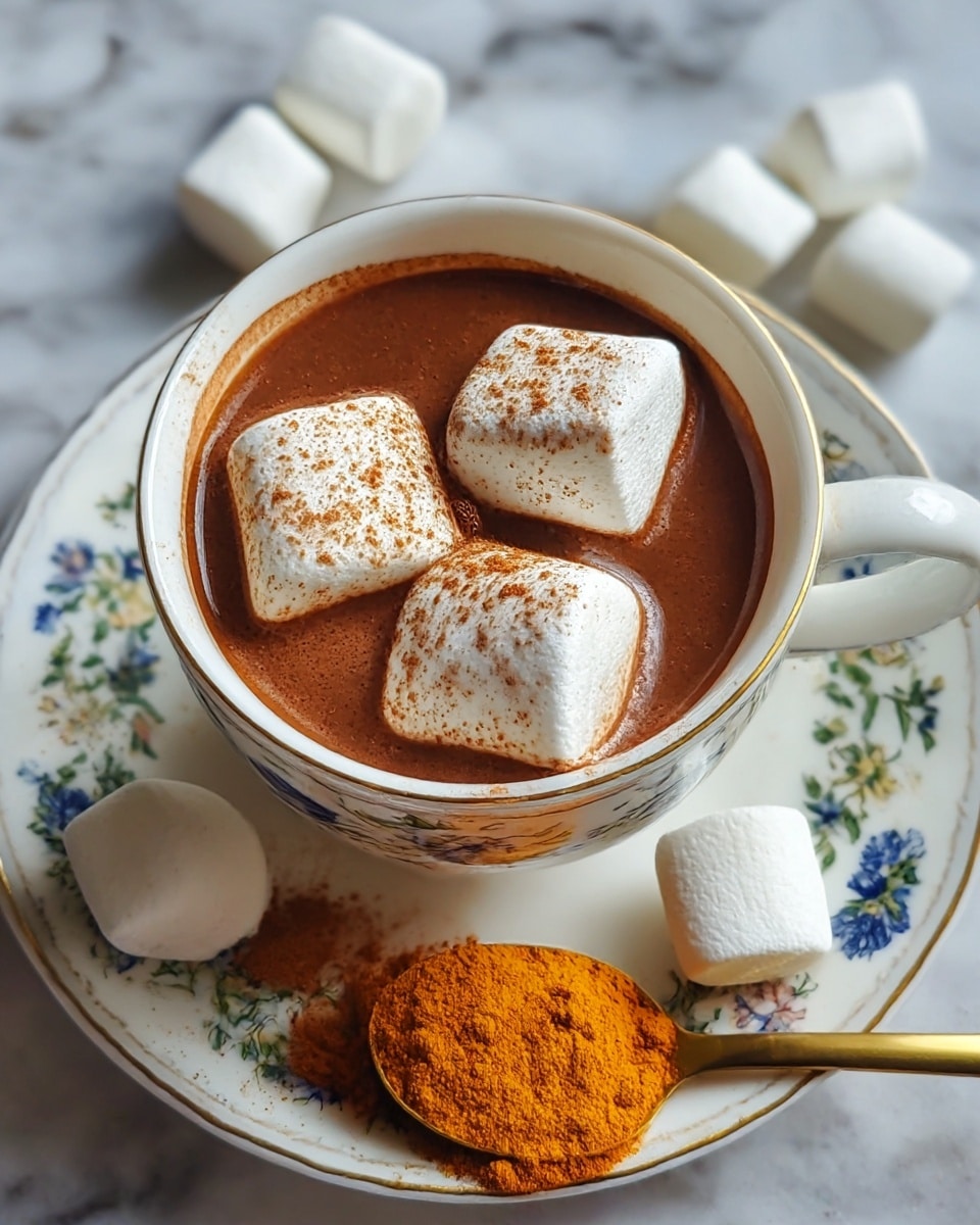 A white cup filled with rich brown hot chocolate topped with three large, soft white marshmallows sprinkled with light brown cocoa powder, sitting on a white saucer decorated with blue and green floral patterns, with several marshmallows scattered around the saucer and a golden spoon full of bright orange cinnamon powder resting on the edge, all placed on a white marbled surface, photo taken with an iphone --ar 4:5 --v 7