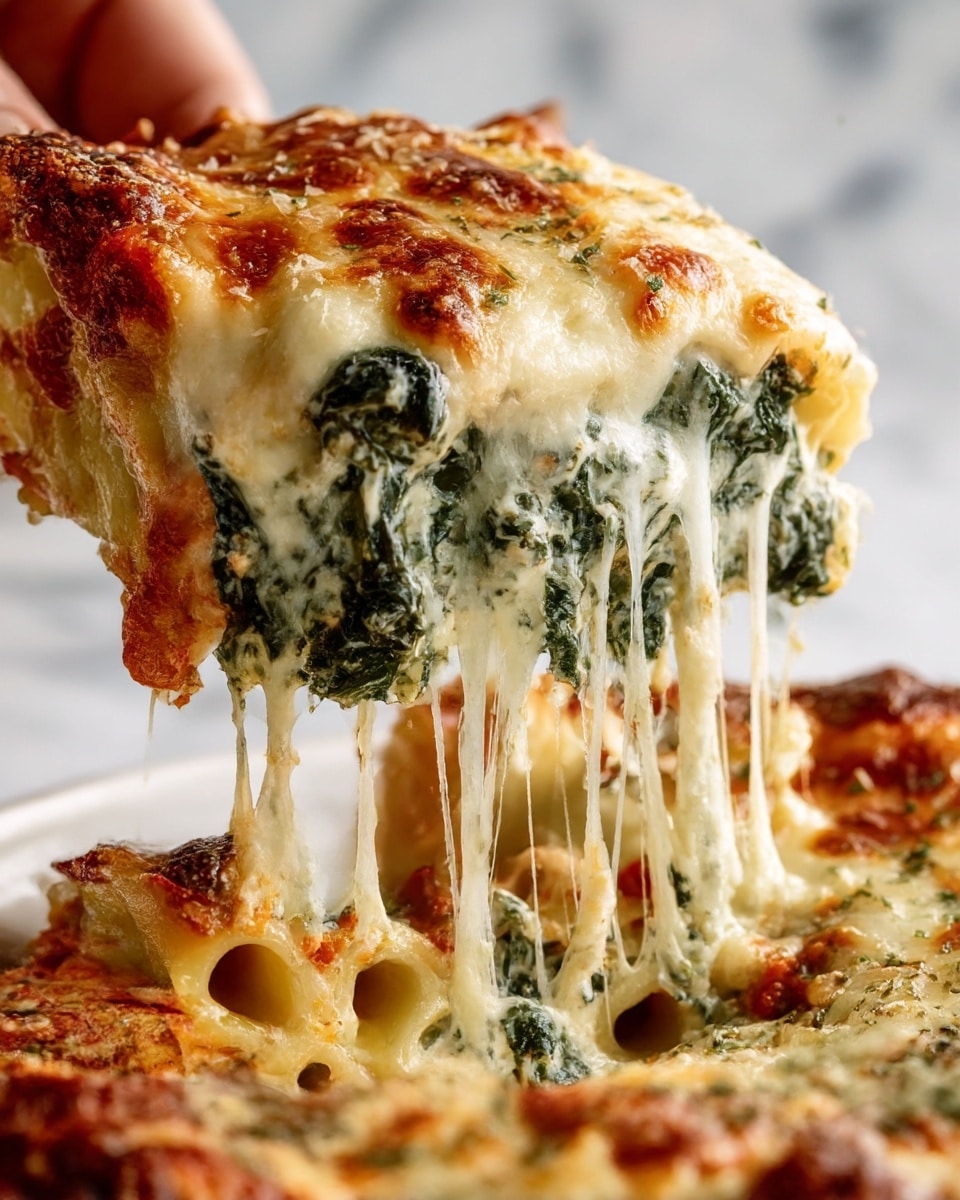 A close-up of a slice of cheesy spinach lasagna being lifted, showing three visible layers of pasta sheets that are golden and slightly browned at the edges. The top layer is thick with melted, gooey cheese that stretches in strings, mixed with golden-bubbly brown spots and bits of green spinach. Below are layers of creamy white sauce, cooked spinach with dark green leafy textures, and rich red tomato sauce peeking out between the layers. The lasagna sits on a white plate, on a white marbled surface, and a woman's hand is holding the slice with a cheesy pull, emphasizing the melty texture. photo taken with an iphone --ar 4:5 --v 7