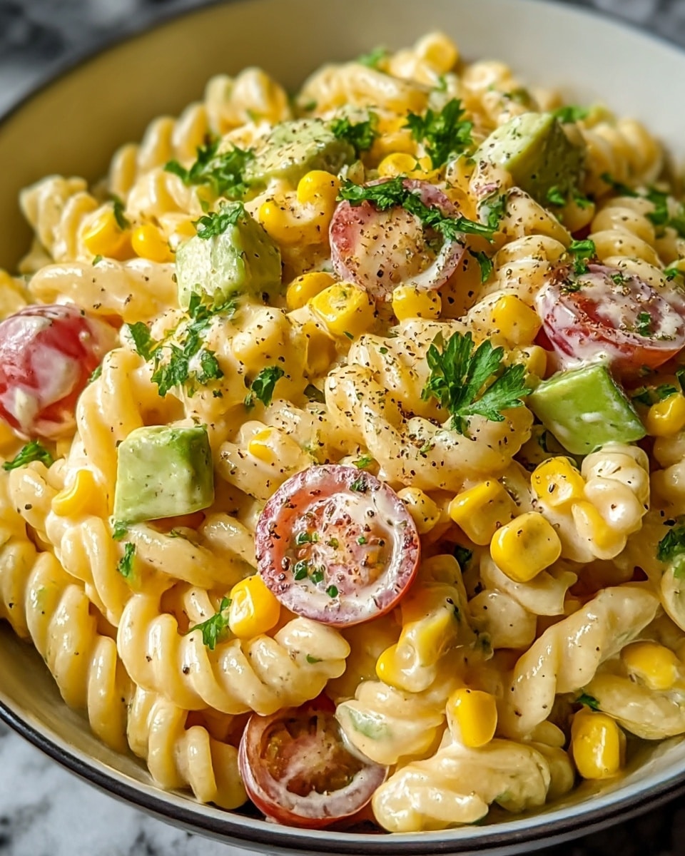 A close-up view of a creamy pasta salad served in a white bowl, featuring two layers of light yellow twisted pasta spirals coated in a smooth, pale cream sauce. Mixed evenly with the pasta are bright yellow corn kernels, small chunks of green avocado, and halved cherry tomatoes showing red-pink flesh. Scattered on top and mixed in are dark green parsley leaves, adding a fresh touch, and a light sprinkle of black pepper is visible across the dish. The bowl sits on a white marbled textured surface. photo taken with an iphone --ar 4:5 --v 7
