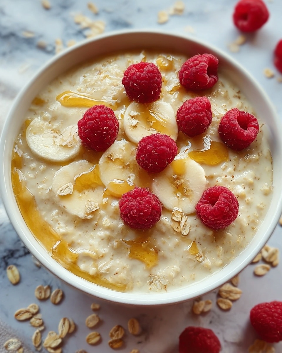 A close-up image shows a white deep bowl filled with creamy beige oatmeal as the base layer. On top, there are light yellow banana slices scattered around, partially covered with golden honey drizzled smoothly across the top. Bright red raspberries are placed evenly on the oatmeal, adding vibrant color contrast. Light brown rolled oats are sprinkled over the dish, adding texture and a natural appearance. The bowl is placed on a white marbled surface with some loose rolled oats and raspberries scattered around, creating a cozy breakfast scene. Photo taken with an iphone --ar 4:5 --v 7