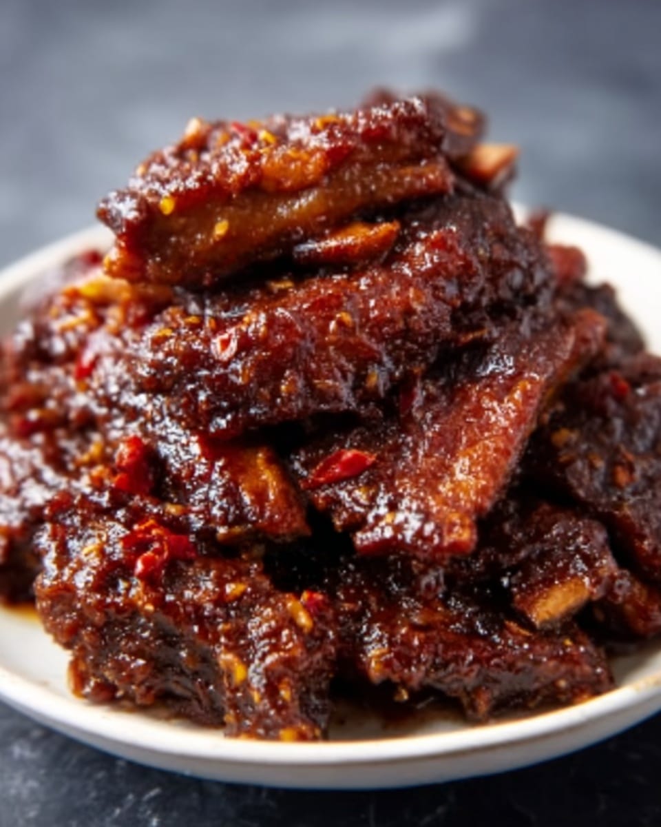 A close-up view of a pile of dark, glossy sticky ribs stacked in a small white bowl with a subtle light blue rim. The ribs have a rich, caramelized brown color with a shiny, thick sauce coating, showing textured meat and a few crispy edges. The bowl sits on a white marbled surface, slightly blurred in the background, emphasizing the ribs' glossy, tender look. photo taken with an iphone --ar 4:5 --v 7